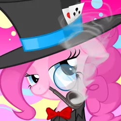 Size: 1500x1500 | Tagged: artist:sunyup, bowtie, card, derpibooru import, hat, lidded eyes, monocle, monocle and top hat, pinkie pie, pipe, safe, smoking, top hat
