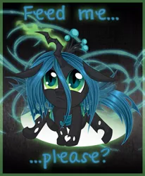 Size: 863x1048 | Tagged: safe, derpibooru import, queen chrysalis, changeling, changeling queen, nymph, begging, dialogue, female, floppy ears, glowing horn, horn, image, jpeg, looking at you, please, sitting, slit eyes, solo, younger