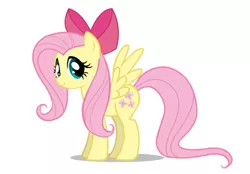 Size: 680x474 | Tagged: safe, derpibooru import, fluttershy, pegasus, pony, bow, female, hair bow, looking at you, mane bow, mare, simple background, smiling, solo, spread wings, standing, white background, wings