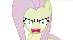 Size: 1224x675 | Tagged: safe, derpibooru import, fluttershy, pony, angry, bust, discorded, female, looking at you, mare, open mouth, shrunken pupils, simple background, solo, white background