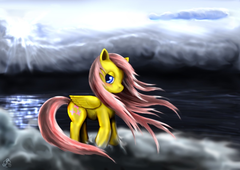 Size: 3508x2480 | Tagged: artist:taliesin-the-dragoon, cloud, cloudy, derpibooru import, fluttershy, high res, ocean, safe