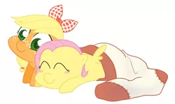 Size: 900x535 | Tagged: applejack, artist:egophiliac, artist:syggie, blushing, blush sticker, cute, derpibooru import, double sock, duo, edit, filly, fluttershy, hair bow, recolor, safe, simple background, small wings, sock, sock filly, weapons-grade cute, white background