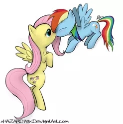 Size: 1058x1073 | Tagged: safe, artist:xhazard78x, derpibooru import, fluttershy, rainbow dash, female, flutterdash, kissing, lesbian, shipping