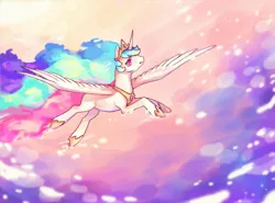 Size: 1180x874 | Tagged: safe, artist:izaberu-san, derpibooru import, princess celestia, alicorn, pony, crown, female, flying, hoof shoes, jewelry, mare, regalia, solo, spread wings, wings