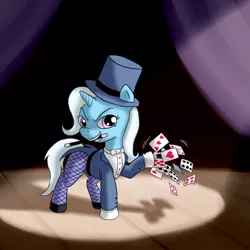 Size: 800x800 | Tagged: safe, artist:fadri, derpibooru import, discord, trixie, pony, unicorn, card, clothes, cosplay, female, fishnets, gloves, hat, hoof gloves, magic trick, magic wand, magician, mare, solo, spotlight, stage, tailcoat, top hat, zatanna