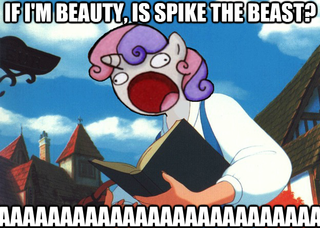 Size: 624x445 | Tagged: aaaaaaaaaa, beauty and the beast, derpibooru import, forced meme, image macro, safe, sweetie belle, sweetie derelle