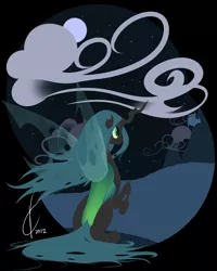 Size: 1000x1250 | Tagged: safe, artist:valcron, derpibooru import, queen chrysalis, changeling, changeling queen, canterlot, female, full moon, hooves, horn, image, lidded eyes, lineless, looking at something, mare, minimalist, moon, night, night sky, png, raised hoof, signature, sitting, sky, slit eyes, smiling, solo, stars, wings