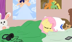 Size: 1600x943 | Tagged: artist:kudalyn, bed, derpibooru import, fluttershy, headphones, hedgehog, oc, plushie, safe, sleeping