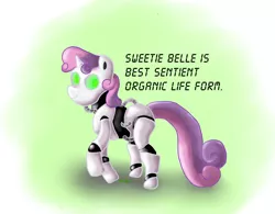 Size: 1808x1408 | Tagged: safe, artist:bewegungslos, derpibooru import, sweetie belle, pony, robot, unicorn, female, filly, foal, hooves, horn, solo, sweetie bot, text