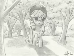 Size: 3478x2640 | Tagged: apple, applejack, artist:kingpivot001, derpibooru import, food, high res, monochrome, orchard, safe, solo, traditional art, tree