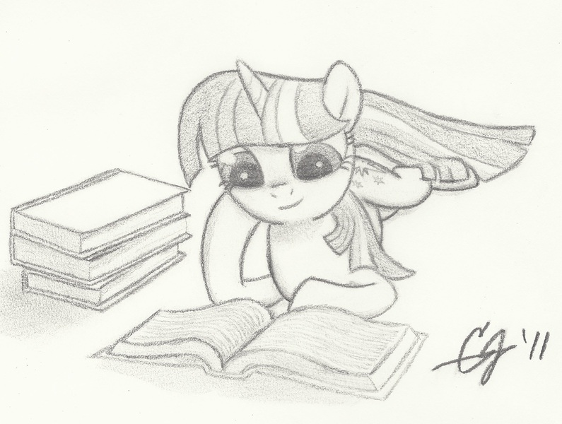 Size: 2242x1693 | Tagged: safe, artist:kingpivot001, derpibooru import, twilight sparkle, pony, unicorn, book, female, mare, prone, reading, signature, smiling, solo, traditional art, unicorn twilight