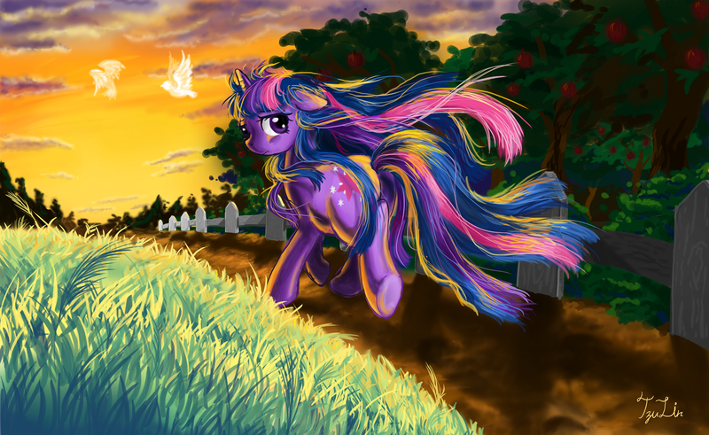 Size: 1415x869 | Tagged: dead source, safe, artist:tzulin520, derpibooru import, twilight sparkle, bird, pony, unicorn, apple, apple tree, female, grass, looking back, mare, signature, solo, sunset, tree, unicorn twilight