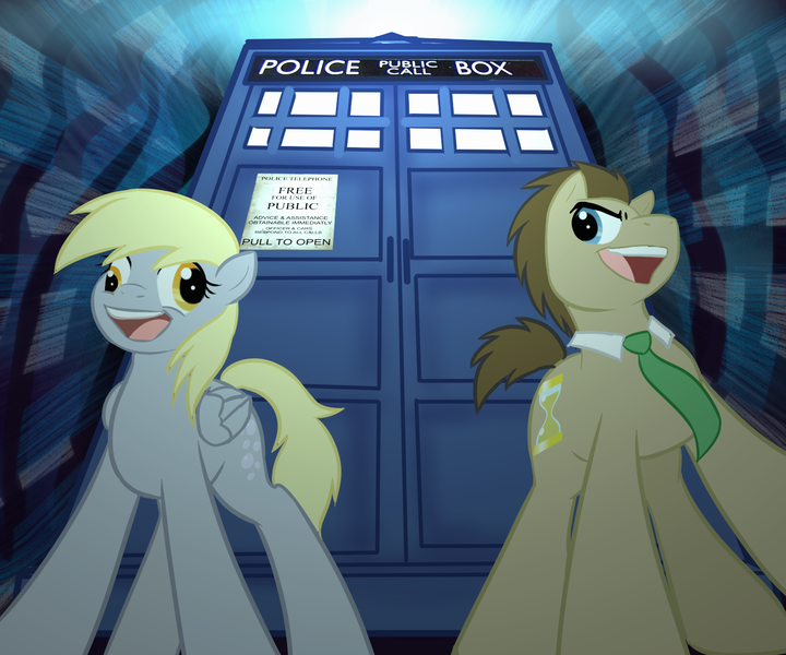 Size: 1500x1250 | Tagged: safe, artist:jitterbugjive, derpibooru import, derpy hooves, doctor whooves, time turner, pegasus, pony, crossover, doctor who, duo, female, mare, tardis