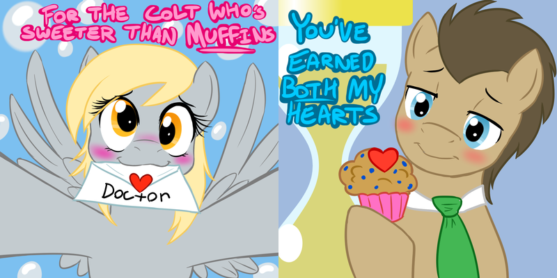 Size: 1800x900 | Tagged: safe, artist:jitterbugjive, derpibooru import, derpy hooves, doctor whooves, time turner, pegasus, pony, :3, blushing, doctorderpy, female, food, heart, holiday, letter, mail, male, mare, mouth hold, muffin, necktie, shipping, straight, valentine, valentine's day