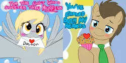 Size: 1800x900 | Tagged: safe, artist:jitterbugjive, derpibooru import, derpy hooves, doctor whooves, time turner, pegasus, pony, :3, blushing, doctorderpy, female, food, heart, holiday, letter, mail, male, mare, mouth hold, muffin, necktie, shipping, straight, valentine, valentine's day