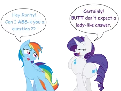 Size: 8000x6000 | Tagged: dead source, suggestive, artist:joey darkmeat, artist:mamandil, derpibooru import, rainbow dash, rarity, pegasus, pony, unicorn, absurd resolution, duo, duo female, eyes closed, female, plot, pun, rearity, simple background, speech bubble, stupid sexy rarity, the ass was fat, transparent background, vector