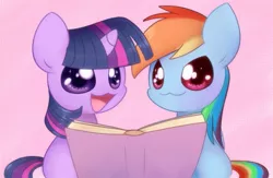 Size: 587x382 | Tagged: safe, artist:solar-slash, derpibooru import, rainbow dash, twilight sparkle, book, chibi, cute, female, lesbian, reading, shipping, twidash