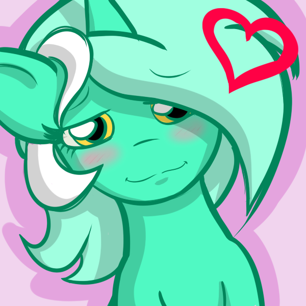 Size: 600x600 | Tagged: safe, artist:heartstrunghooves, derpibooru import, lyra heartstrings, pony, unicorn, blushing, eyebrows visible through hair, female, heart, lidded eyes, looking at you, mare, pink background, simple background, smiling, solo