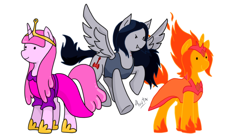 Size: 900x532 | Tagged: adventure time, artist:fuutachimaru, derpibooru import, flame princess, marceline, ponified, princess bubblegum, safe