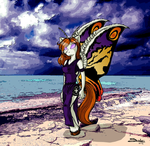 Size: 1280x1245 | Tagged: anthro, artist:soulveiwinterfall, crossover, derpibooru import, godzilla (series), kaiju, mothra, ponified, safe, solo, unguligrade anthro