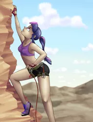 Size: 759x1000 | Tagged: artist:7nights, clothes, derpibooru import, humanized, midriff, rock climbing, safe, shoes, sneakers, sports bra, twilight sparkle