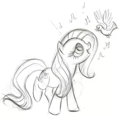 Size: 900x903 | Tagged: safe, artist:lauren faust, derpibooru import, posey, bird, earth pony, pony, behind the scenes, color me, concept art, female, g1, g1 to g4, generation leap, grayscale, mare, monochrome, singing, what could have been