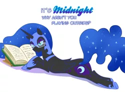 Size: 1500x1100 | Tagged: safe, artist:madmax, derpibooru import, nightmare moon, alicorn, pony, book, butt, dialogue, eyeshadow, female, glasses, helmet, hoof shoes, looking at you, makeup, mare, peytral, plot, prone, reading, solo, stupid sexy nightmare moon