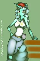 Size: 500x750 | Tagged: safe, artist:kloudmutt, derpibooru import, lyra heartstrings, anthro, unicorn, '90s, cap, cd player, female, hat, headphones, looking at you