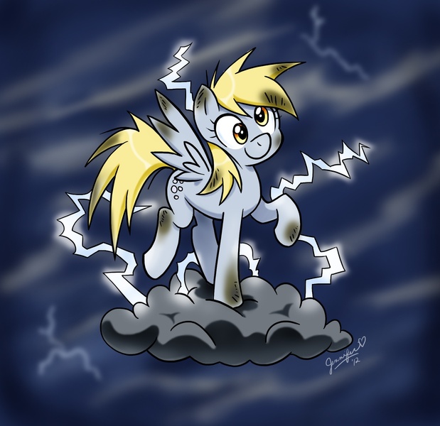 Size: 1666x1614 | Tagged: safe, artist:chibi-jen-hen, derpibooru import, derpy hooves, pegasus, pony, cloud, female, lightning, mare, solo