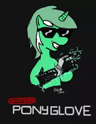 Size: 500x649 | Tagged: artist needed, safe, derpibooru import, lyra heartstrings, pony, unicorn, '80s, 1980's, clothes, dark background, gloves, grin, nintendo, parody, power glove, smiling, solo, sunglasses