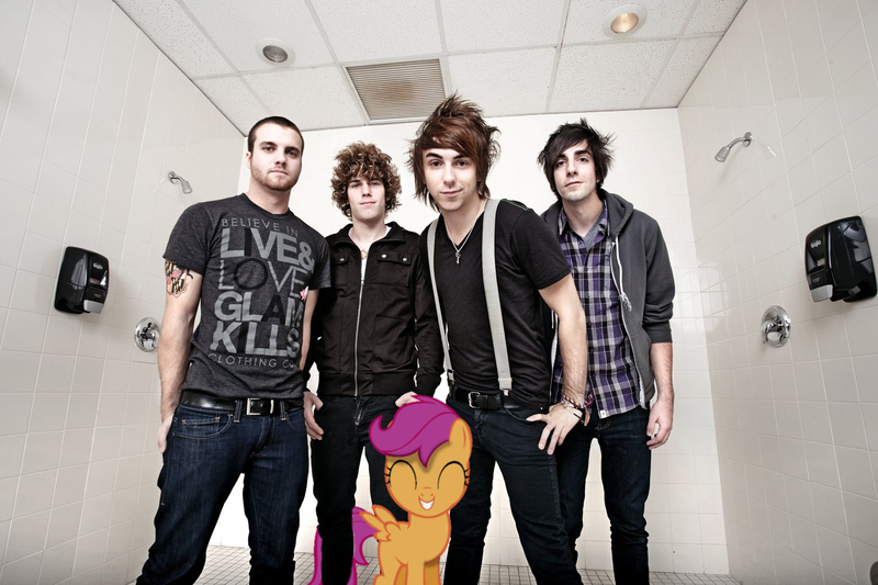 Size: 1500x1000 | Tagged: alex gaskarth, all time low, artist:supernatural90, band, derpibooru import, human, jack barakat, rian dawson, safe, scootaloo, zack merrick