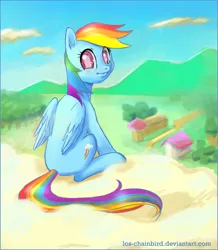 Size: 1199x1375 | Tagged: safe, artist:los-chainbird, derpibooru import, rainbow dash, pegasus, pony, cloud, cute, female, looking at you, mare, on a cloud, sitting, smiling, solo