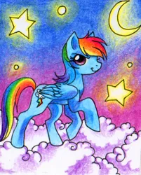 Size: 536x666 | Tagged: dead source, safe, artist:jacky-bunny, derpibooru import, rainbow dash, pegasus, pony, cloud, crescent moon, female, folded wings, mare, moon, smiling, smirk, solo, stars, wings