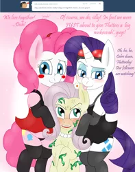 Size: 1474x1867 | Tagged: artist:blackbewhite2k7, ask, ask the gothamville sirens, batman, blushing, catwoman, clothes, crossover, cuddling, derpibooru import, discorded, flutterbitch, fluttershy, fluttertsun, harley quinn, licking, nightgown, panties, parody, pinkie pie, poison ivy, rarity, suggestive, thong, tsundere, tumblr, underwear