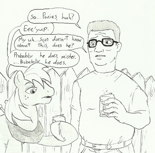 Size: 915x902 | Tagged: safe, artist:joelashimself, derpibooru import, big macintosh, earth pony, human, pony, bandana, beer, can, clothes, crossover, fence, glasses, hank hill, hoof hold, jeans, king of the hill, male, pants, stallion