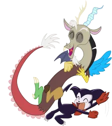 Size: 896x1000 | Tagged: safe, artist:yorterry, derpibooru import, discord, draconequus, impmon, crossover, digimon, duo, eyes closed, laughing, male, simple background, transparent background