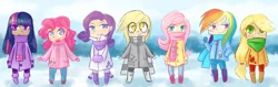 Size: 1895x600 | Tagged: applejack, artist:lady-largo, chibi, clothes, derpibooru import, derpy hooves, fluttershy, humanized, line-up, mane six, pinkie pie, rainbow dash, rarity, safe, scarf, snow, twilight sparkle