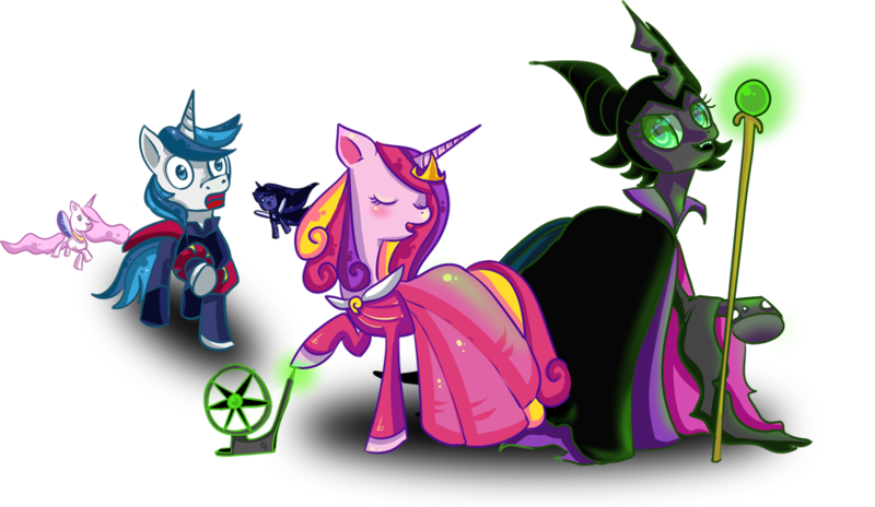 Size: 937x544 | Tagged: safe, artist:vivifx, derpibooru import, princess cadance, princess celestia, princess luna, queen chrysalis, shining armor, alicorn, changeling, changeling queen, pony, unicorn, female, image, male, mare, parody, png, shining armor gets all the mares, simple background, sleeping beauty, stallion, transparent background, wingless alicorn