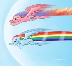 Size: 900x828 | Tagged: safe, artist:snakehands, derpibooru import, firefly, rainbow dash, pegasus, pony, duo, female, fire trail, flying, g1, g1 to g4, g4, generation leap, image, jpeg, mare, racing, rainbow trail, solo, speed trail