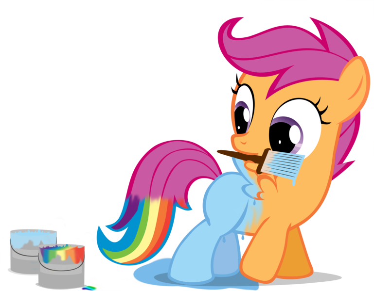 Size: 2452x1912 | Tagged: safe, artist:orangel8989, derpibooru import, rainbow dash, scootaloo, pegasus, pony, artifact, cute, cutealoo, dyed coat, dyed mane, female, filly, foal, mouth hold, paint, paint in hair, paint on feathers, paint on fur, paintbrush, painting, painting characters, rainbow paint, recolor, scootobsession, simple background, solo, transparent background, vector