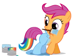 Size: 2452x1912 | Tagged: safe, artist:orangel8989, derpibooru import, rainbow dash, scootaloo, pegasus, pony, artifact, cute, cutealoo, dyed coat, dyed mane, female, filly, foal, mouth hold, paint, paintbrush, painting, painting characters, paint in hair, paint on feathers, paint on fur, rainbow paint, recolor, scootobsession, simple background, solo, transparent background, vector