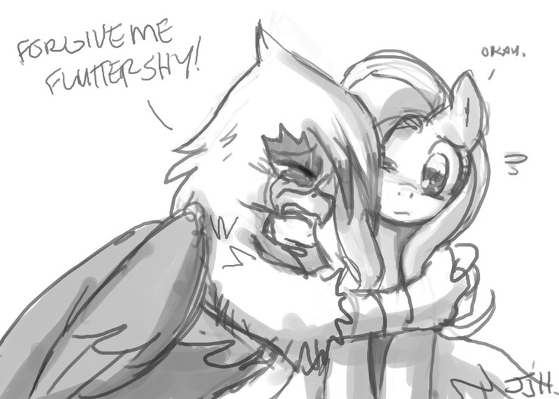 Size: 900x642 | Tagged: safe, artist:johnjoseco, derpibooru import, fluttershy, gilda, gryphon, crying, grayscale, hug, monochrome