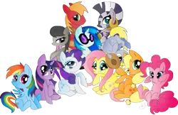 Size: 1168x759 | Tagged: safe, artist:lunardawn, derpibooru import, applejack, big macintosh, derpy hooves, fluttershy, octavia melody, pinkie pie, rainbow dash, rarity, twilight sparkle, vinyl scratch, zecora, earth pony, pony, zebra, chibi, male, mane six, simple background, stallion