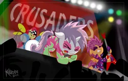 Size: 2548x1623 | Tagged: apple bloom, artist:killryde, band, concert, costume, cutie mark crusaders, derpibooru import, heavy metal, safe, scootaloo, show stopper outfits, singing, stage, sweetie belle, the show stoppers