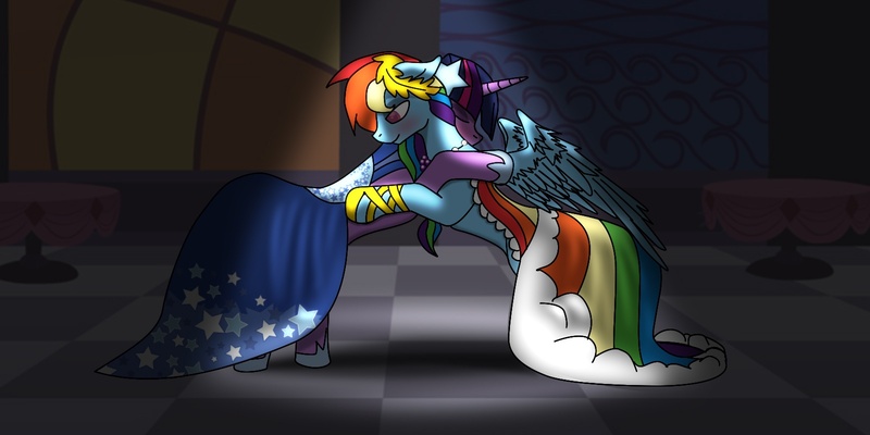 Size: 1600x800 | Tagged: safe, artist:jykinturah, artist:lostzilla, derpibooru import, rainbow dash, twilight sparkle, blind dash, clothes, dress, female, gala dress, lesbian, sad, shipping, twidash