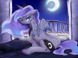 Size: 800x600 | Tagged: artist:nabe, crescent moon, crying, derpibooru import, princess luna, sad, safe, sitting, solo