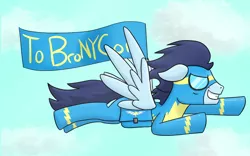 Size: 1280x800 | Tagged: artist:darkm0neo, bronycon, derpibooru import, goggles, safe, soarin', solo, wonderbolts uniform