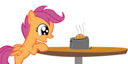 Size: 2000x997 | Tagged: safe, artist:heartbeatwithnosound, derpibooru import, scootaloo, pony, cute, cutealoo, simple background, solo, table, toaster, transparent background, waffle