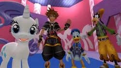 Size: 1366x768 | Tagged: 3d, artist:zooweemama92, crossover, derpibooru import, donald duck, gmod, goofy, kingdom hearts, rarity, safe, sora