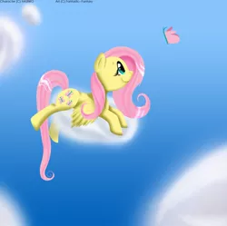 Size: 1491x1483 | Tagged: artist:doodlett, butterfly, cloud, cloudy, derpibooru import, fluttershy, prone, safe, solo